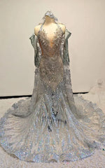 Ethereal Silver Crystal Mermaid Gown with Halter Bodice and Detachable Hooded Cape