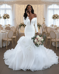 Elegant V-Neck Mermaid Puffy Train Wedding Dress