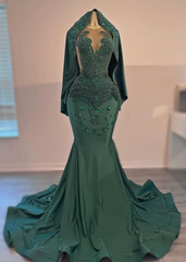 Emerald Green Crystal Mermaid Long Prom Dress with Head Piece