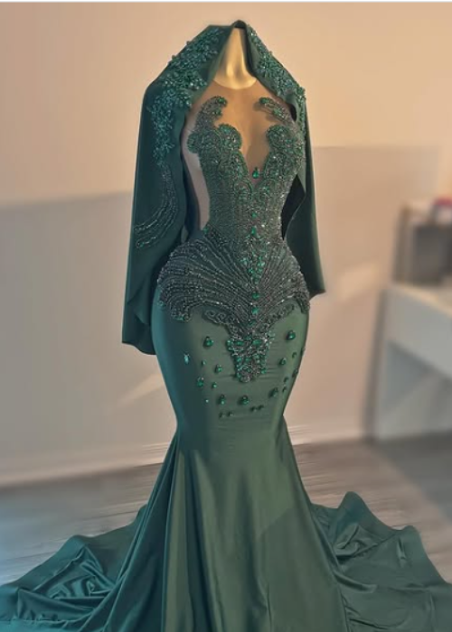 Emerald Green Crystal Mermaid Long Prom Dress with Head Piece