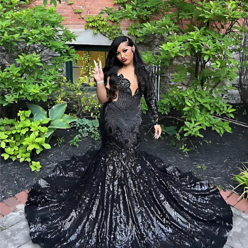 Black Sparkly Mermaid Luxury Diamond Applique Prom Dress