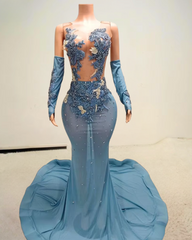 Glitter Light Blue Rhinestone Mesh Prom Dress