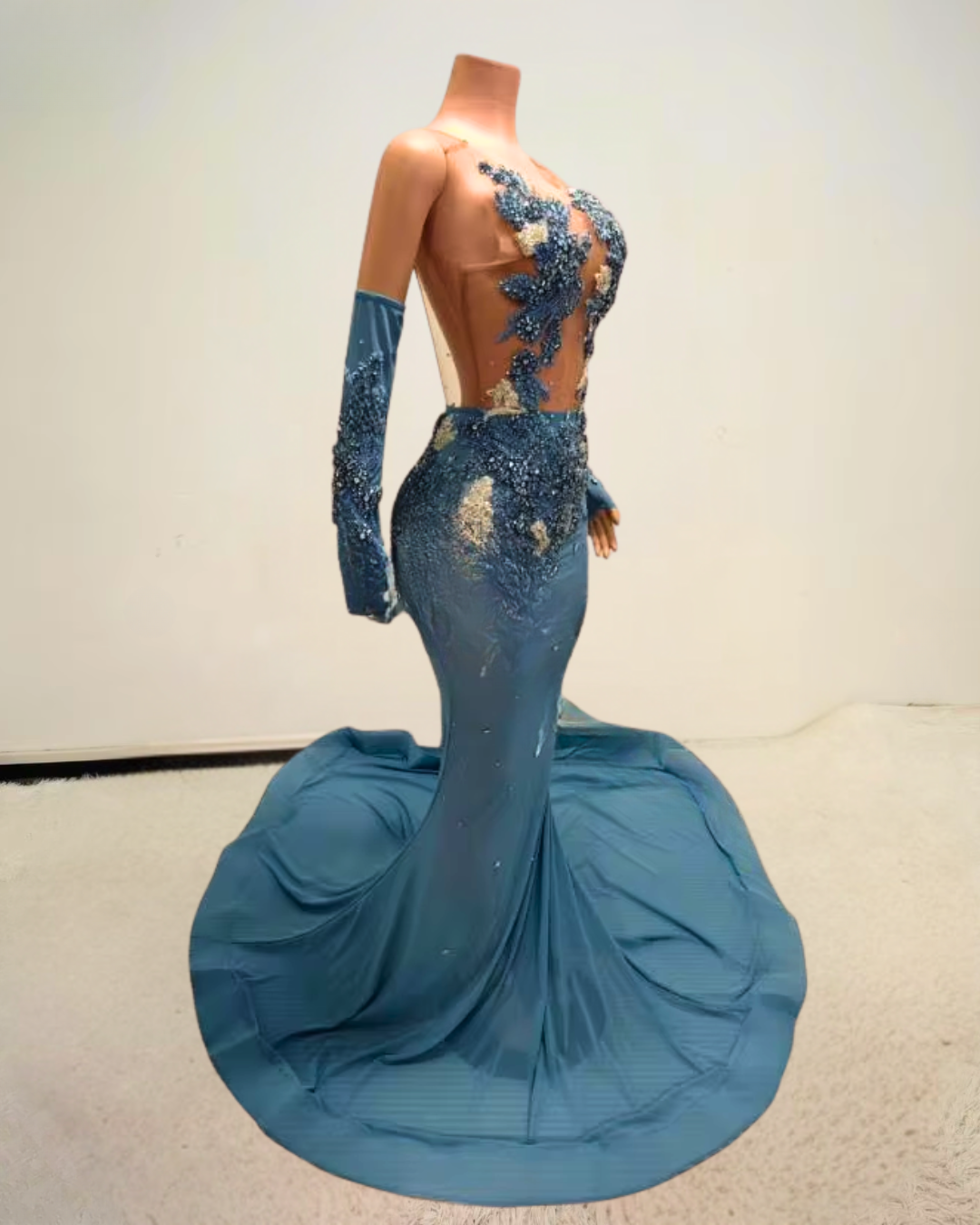 Glitter Light Blue Rhinestone Mesh Prom Dress