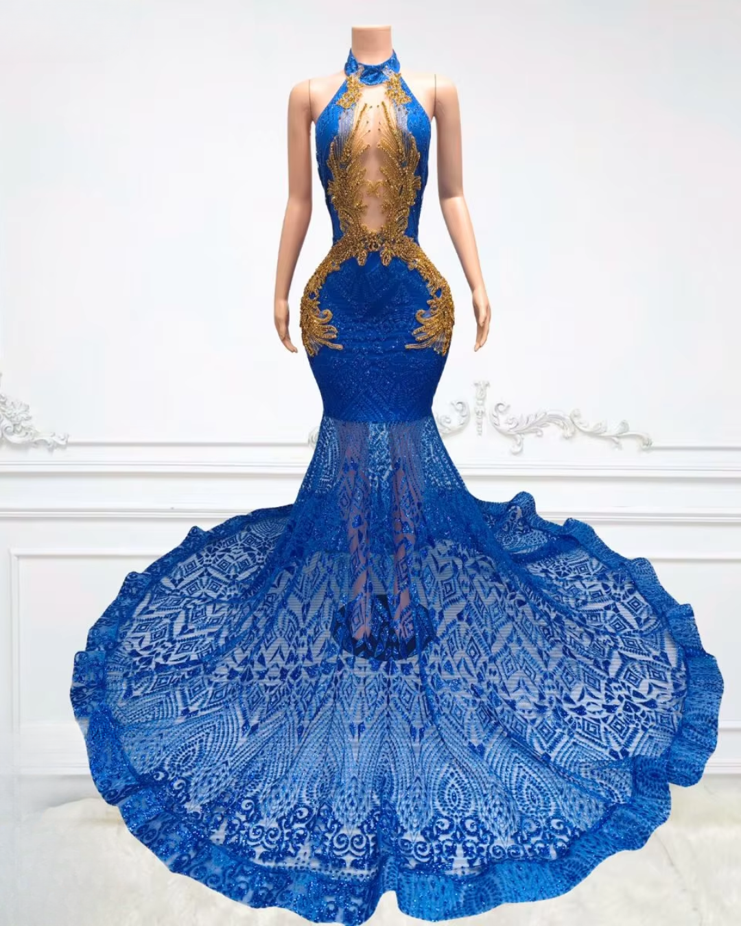 Glitter Gold & Blue Sequin Rhinestone Mesh Prom Dress