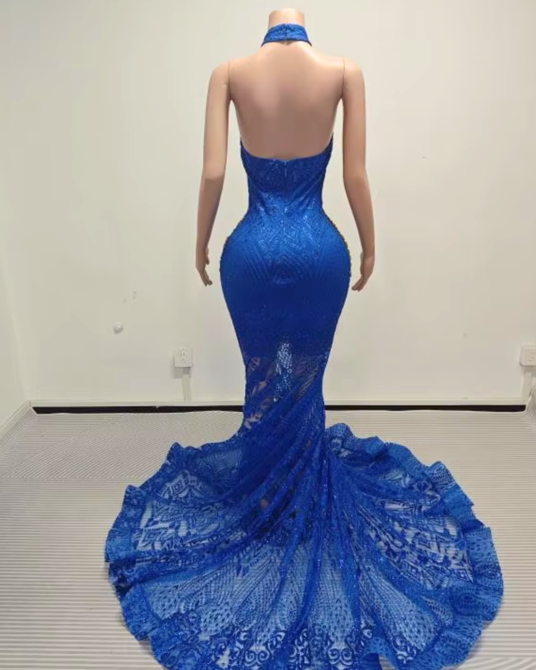 Glitter Gold & Blue Sequin Rhinestone Mesh Prom Dress
