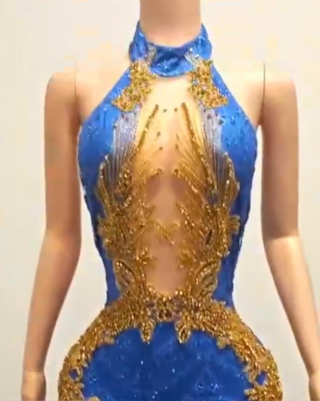Glitter Gold & Blue Sequin Rhinestone Mesh Prom Dress