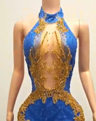 Glitter Gold & Blue Sequin Rhinestone Mesh Prom Dress