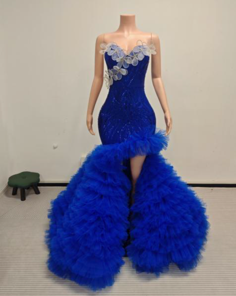 Alexis Floral Appliqué Sweetheart Prom Dress With Dramatic Ruffled Tulle- Ready to Ship