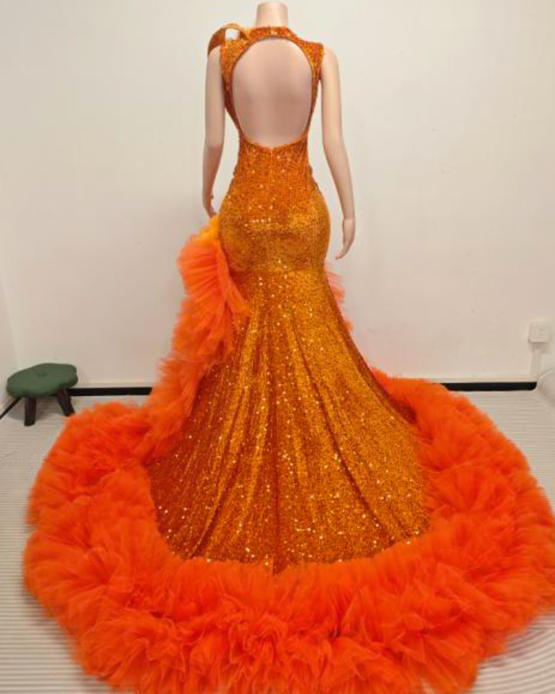 Azalea Sequin Mermaid Prom Dress Deep V-Neck Ruffled Tulle Train