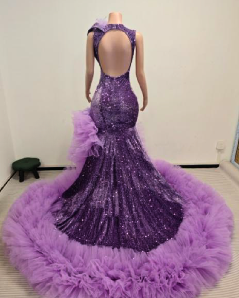 Azalea Sequin Mermaid Prom Dress Deep V-Neck Ruffled Tulle Train
