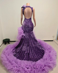Azalea Sequin Mermaid Prom Dress Deep V-Neck Ruffled Tulle Train