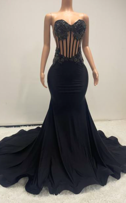 Eden Black Mermaid Evening Gown with Sheer Beaded Corset - Ready to Ship