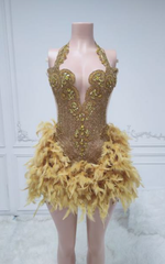 Claire Glitter Crystal Feathered Mini Birthday Dress