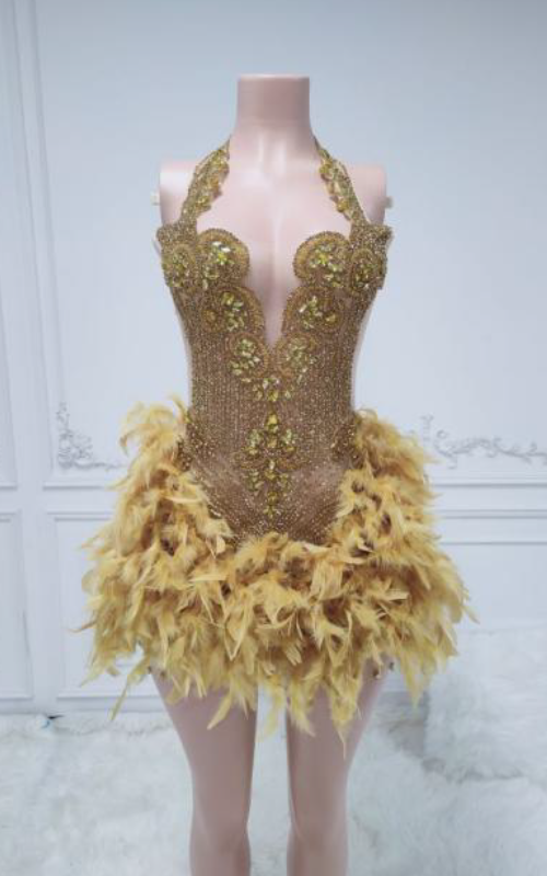 Claire Glitter Crystal Feathered Mini Birthday Dress - Ready to Ship