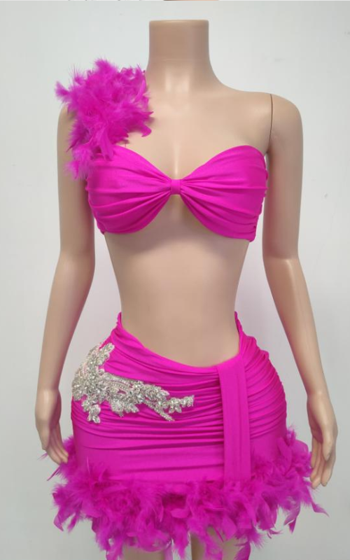 Essence Strapless Rhinestone Feather Two-Piece Dress with High-Waist Skirt - Ready to Ship