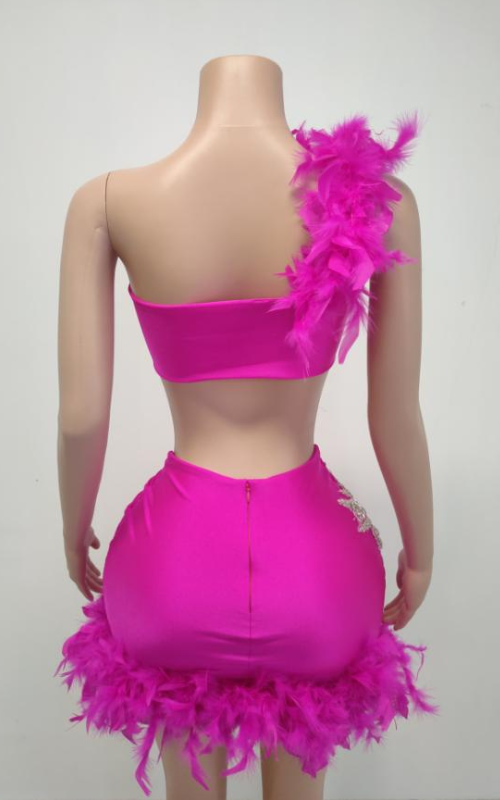 Essence Strapless Rhinestone Feather Two-Piece Dress with High-Waist Skirt
