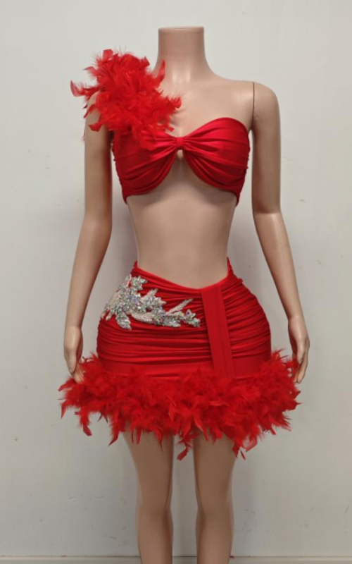 Essence Strapless Rhinestone Feather Two-Piece Dress with High-Waist Skirt - Ready to Ship