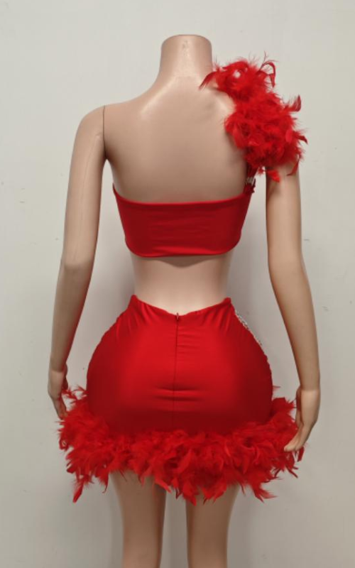 Essence Strapless Rhinestone Feather Two-Piece Dress with High-Waist Skirt