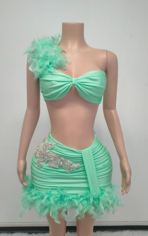 Essence Strapless Rhinestone Feather Two-Piece Dress with High-Waist Skirt