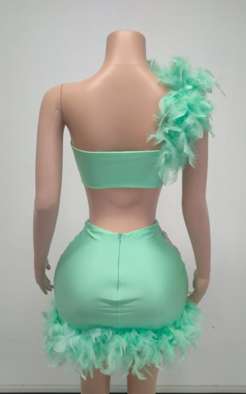 Essence Strapless Rhinestone Feather Two-Piece Dress with High-Waist Skirt - Ready to Ship
