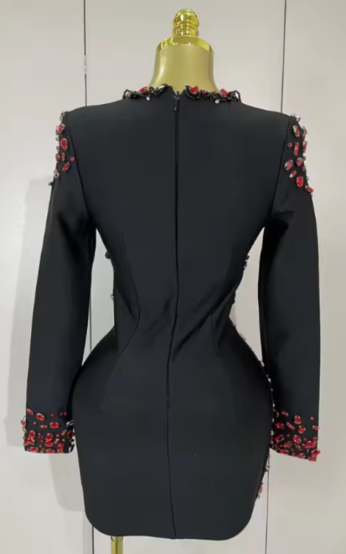Camille Sexy Long Sleeve V-Neck Rhinestone Black Bandage Dress