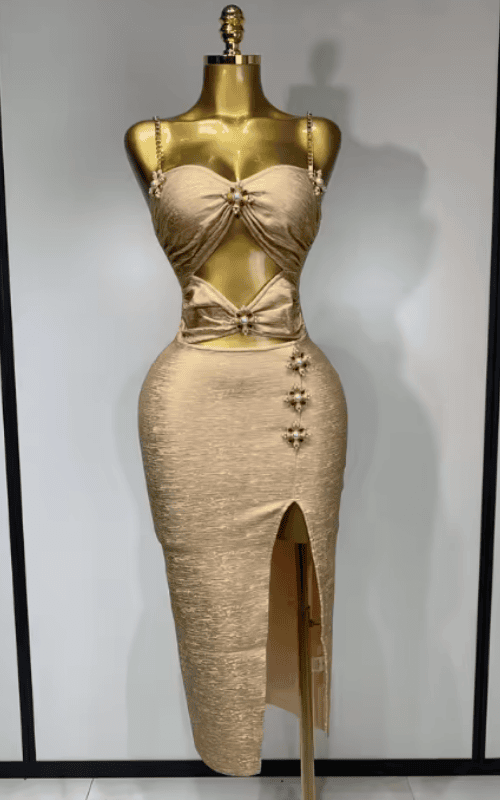 Emily Sexy Cut Out Beaded Bronzing Gold Midi Bandage Dress