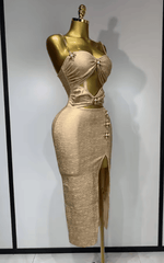 Emily Sexy Cut Out Beaded Bronzing Gold Midi Bandage Dress