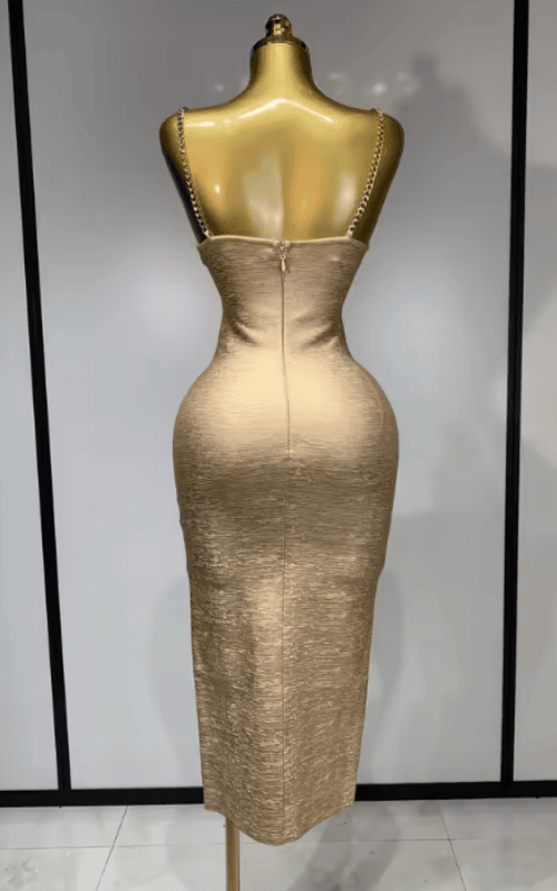 Emily Sexy Cut Out Beaded Bronzing Gold Midi Bandage Dress