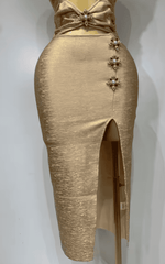 Emily Sexy Cut Out Beaded Bronzing Gold Midi Bandage Dress