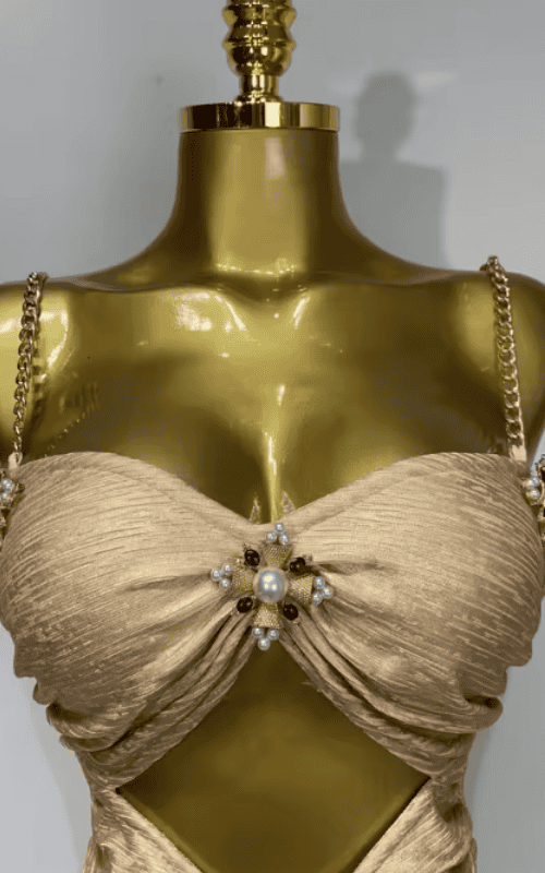 Emily Sexy Cut Out Beaded Bronzing Gold Midi Bandage Dress