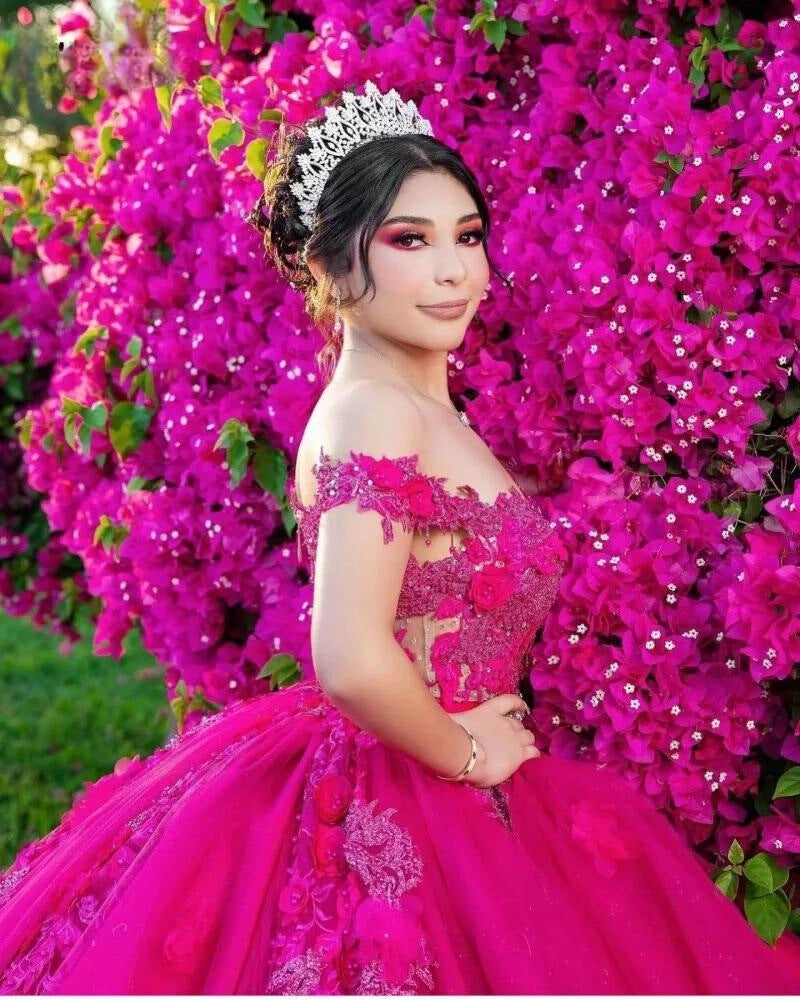 Fuchsia Off-Shoulder Quinceañera Dress with Beading