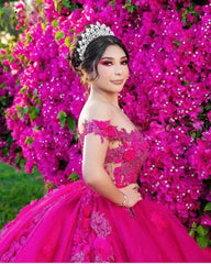 Fuchsia Off-Shoulder Quinceañera Dress with Beading