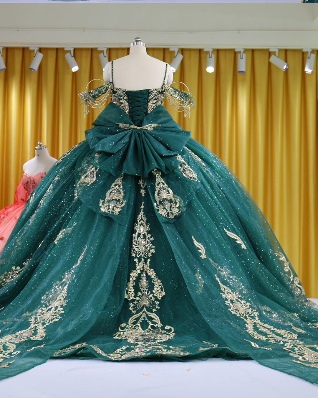 Emerald Green And Gold Lace Appliqué Ball Gown With Beaded Fringe Sleeves