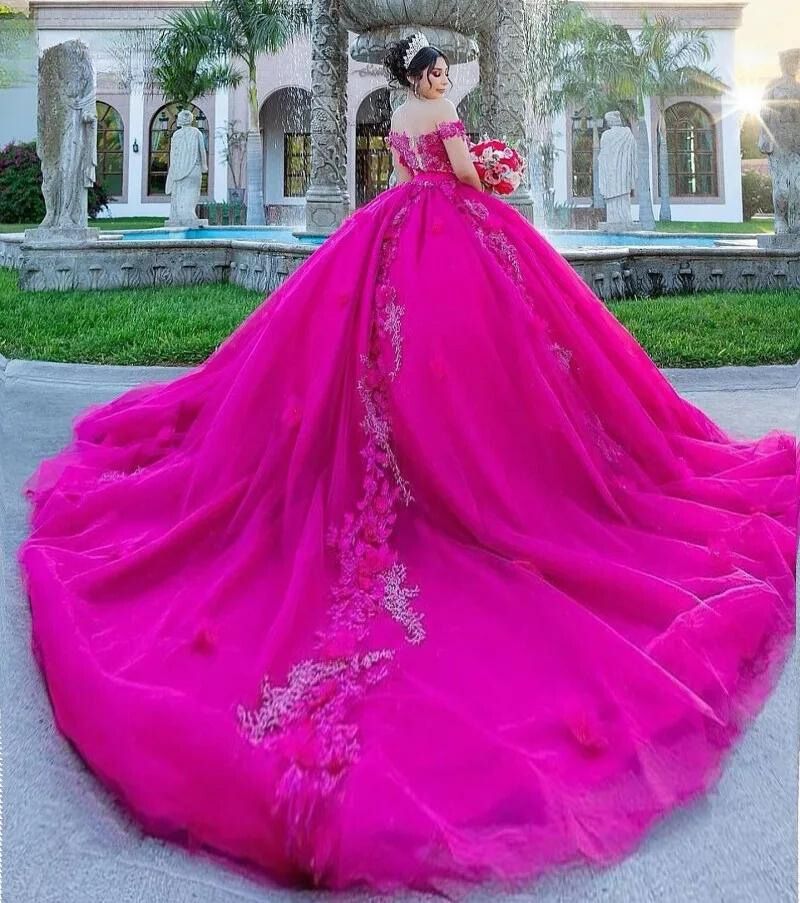 Fuchsia Off-Shoulder Quinceañera Dress with Beading