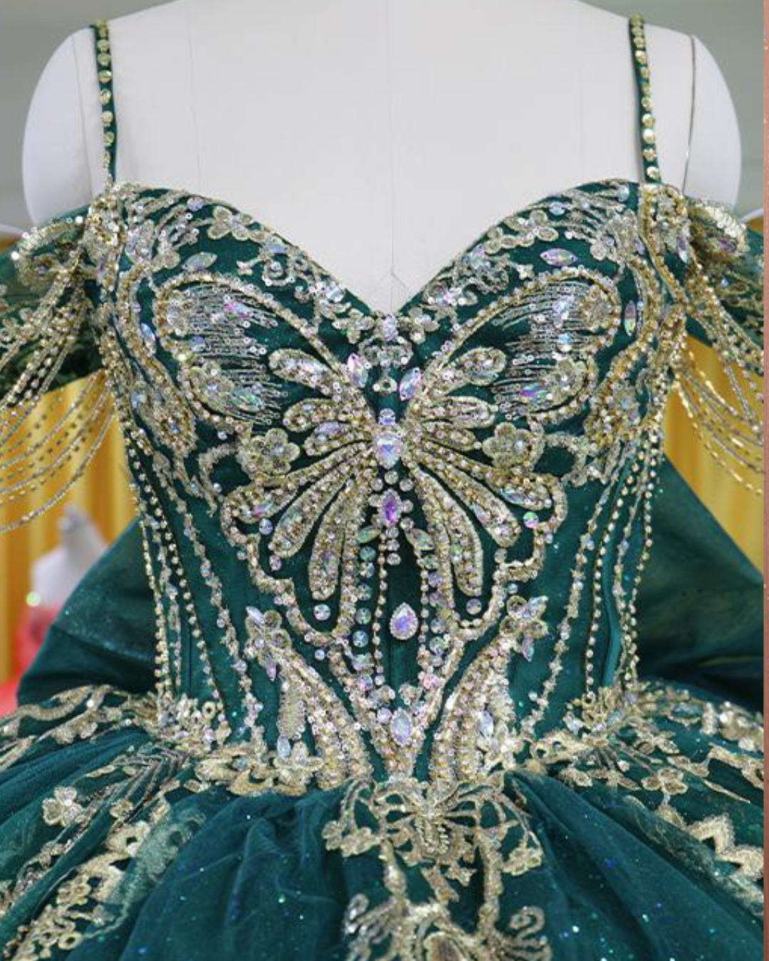 Emerald Green And Gold Lace Appliqué Ball Gown With Beaded Fringe Sleeves