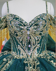 Emerald Green And Gold Lace Appliqué Ball Gown With Beaded Fringe Sleeves