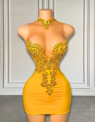 Elegant Sheer High Neck Crystals Gold Velvet Birthday Dress