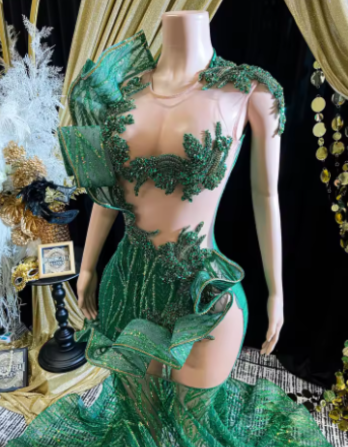 Emerald Green Glitter Lace Ruffle Sheer Sexy Long Mermaid Prom Dress