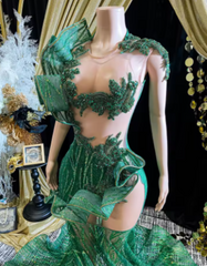 Emerald Green Glitter Lace Ruffle Sheer Sexy Long Mermaid Prom Dress