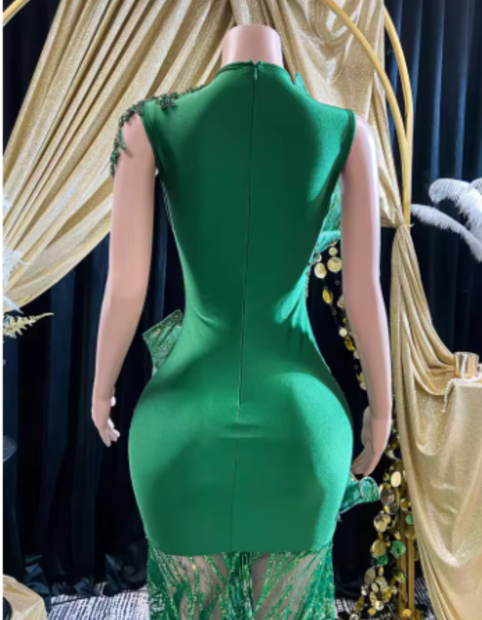 Emerald Green Glitter Lace Ruffle Sheer Sexy Long Mermaid Prom Dress