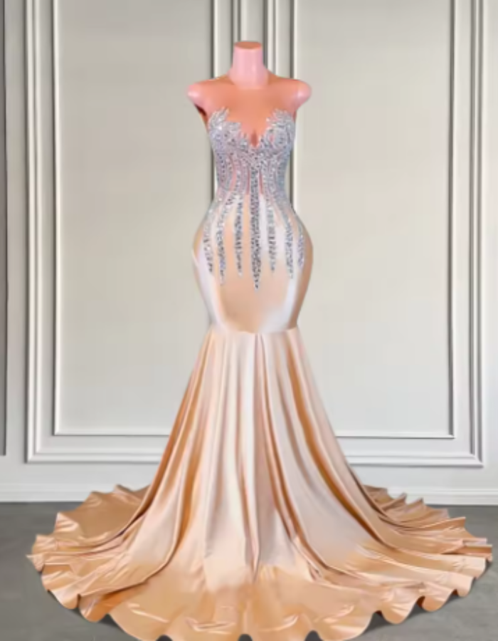 Elegant Champagne Illusion Neck Sparkly Silver Beads Prom Dress