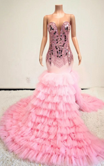 Angela Pink Rhinestone Mermaid Ruffle Ball Gown with Split & Long Train Prom Dress