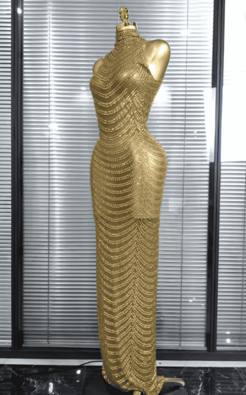 Charlene Golden Shining Rhinestone Off Shoulder Mesh Bodycon Long Dress
