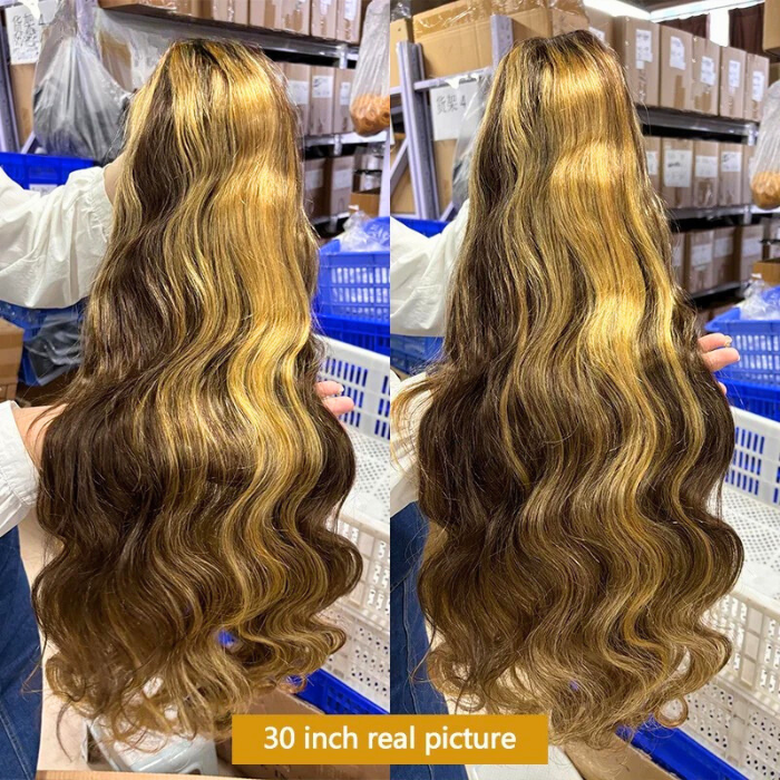 Blonde Highlight Lace Frontal Wig – 13x4 HD Transparent Curly Body Wave Human Hair Wig, Pre-Plucked with Baby Hair