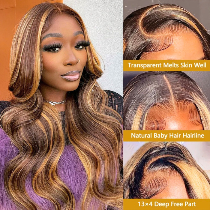 Blonde Highlight Lace Frontal Wig – 13x4 HD Transparent Curly Body Wave Human Hair Wig, Pre-Plucked with Baby Hair