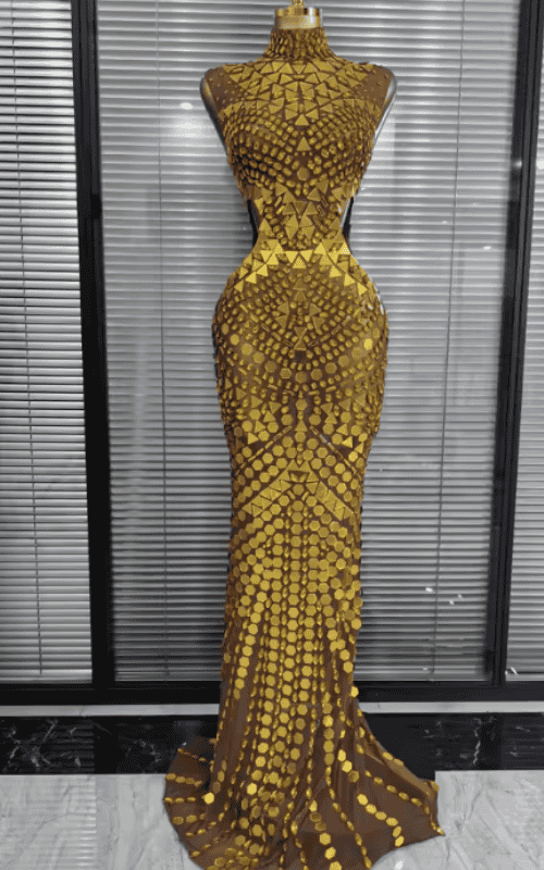 Eve Luxury Mirror Rhinestone Hollow Out Long Dress