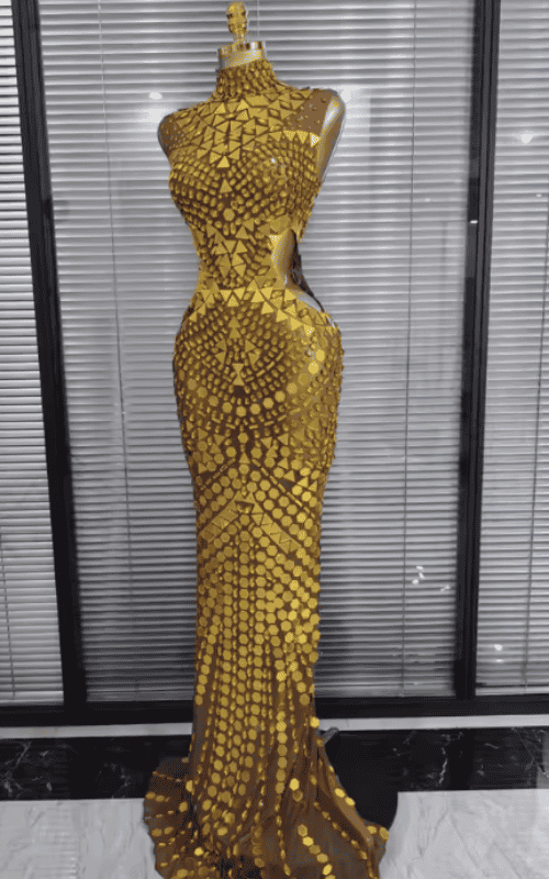 Eve Luxury Mirror Rhinestone Hollow Out Long Dress
