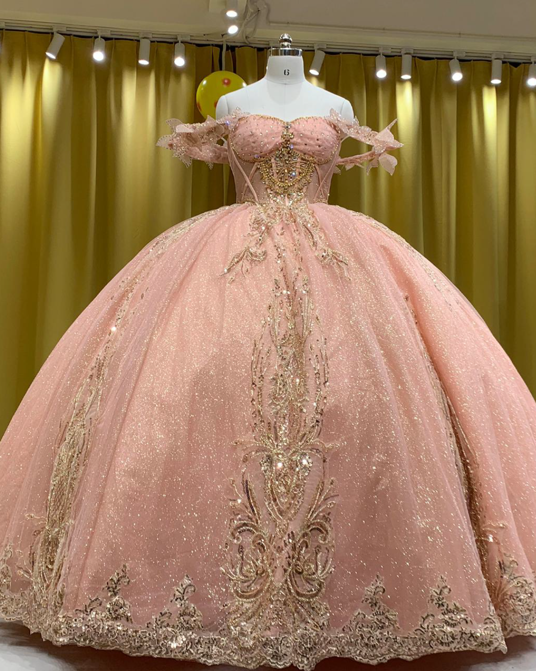 Blush Pink Princess Quinceañera Gown with Gold Beading