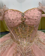 Blush Pink Princess Quinceañera Gown with Gold Beading