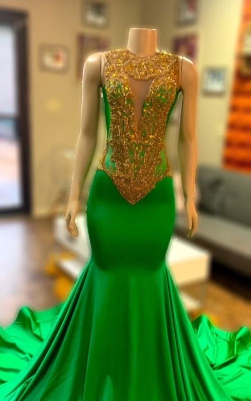 Gold Crystal Bodice with Illusion V-Neck & Voluminous Satin Train Prom Dress